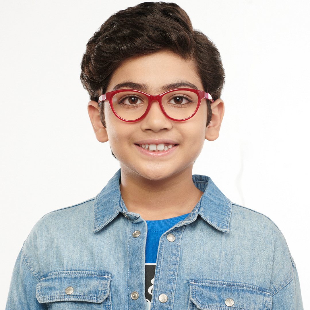 Hooper Screen Glasses Blue Block Phone Computer Glasses: Red Pink Full Rim Cat Eye Kids 5-8 Yrs Computer Glasses HP D10042M-C1 left side