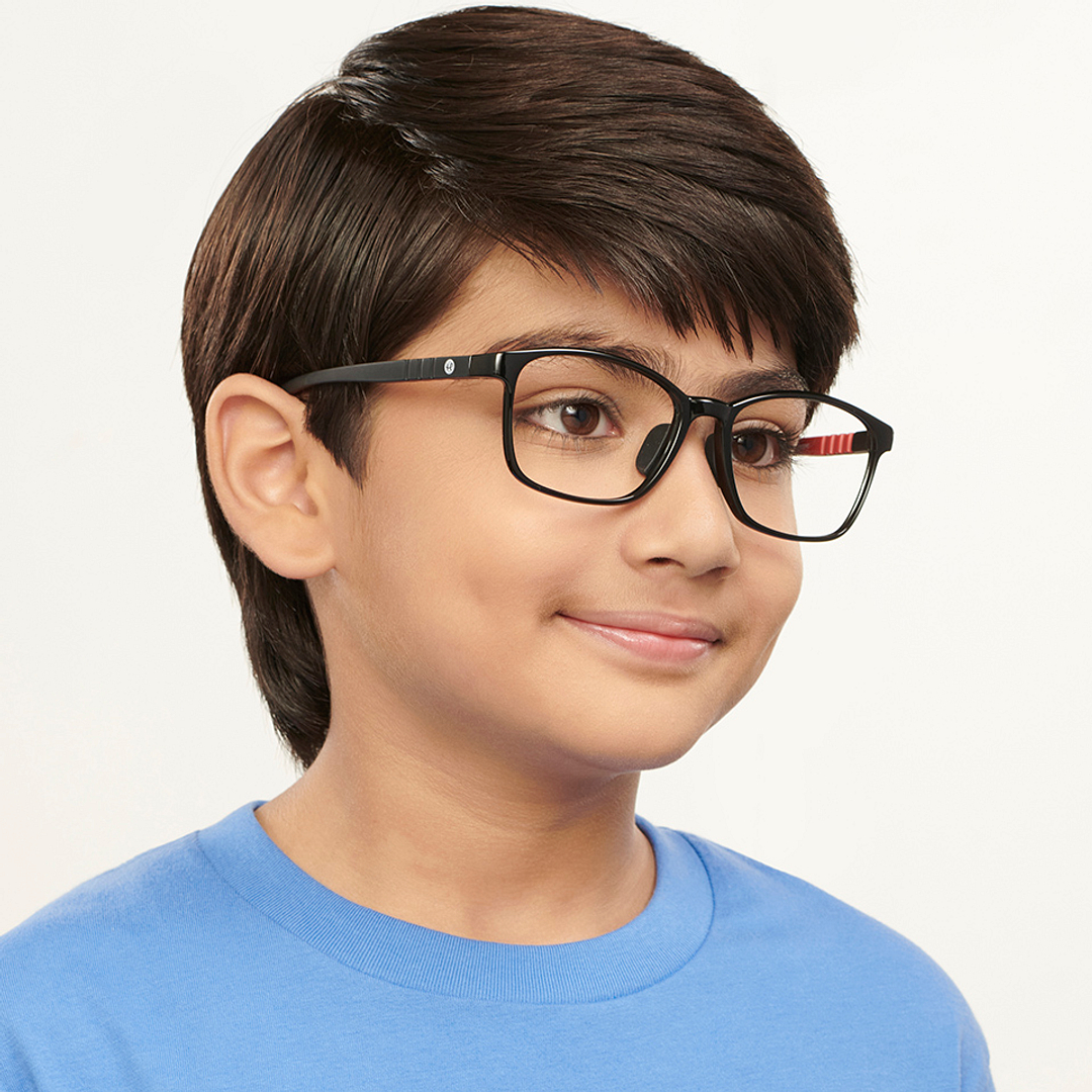 Hooper Screen Glasses Kids Glasses: Black Red Full Rim Rectangle Kids 8-12 yrs Computer Glasses Digi Hooper HP D10095L-C1 left side