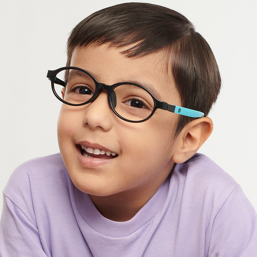 Hooper Screen Glasses Kids Glasses: Black Sky Blue Full Rim Oval Kids 8-12 yrs Computer Glasses Digi Hooper HP D10103M-C2 left side
