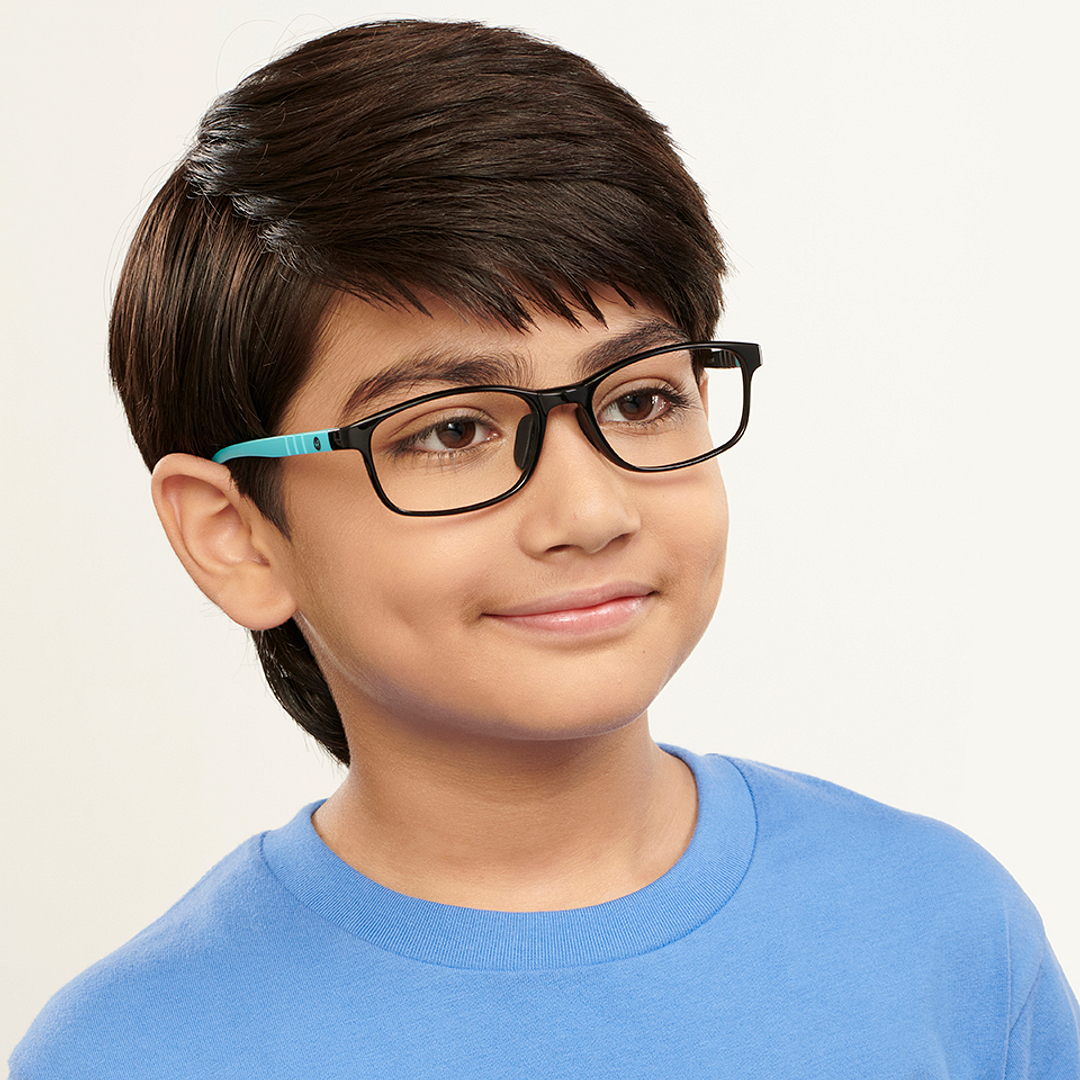 Hooper Screen Glasses Kids Glasses: Black Sky Blue Full Rim Rectangle Kids 8-12 yrs Computer Glasses Digi Hooper HP D10098L-C2 left side