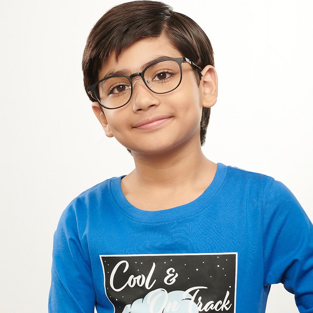 Hooper Screen Glasses Kids Glasses: Black Sky Blue Full Rim Round Kids 8-12 yrs Computer Glasses Digi Hooper HP D10093L-C3 left side