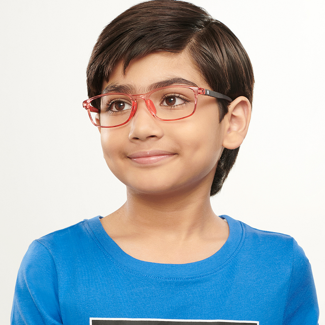 Hooper Screen Glasses Kids Glasses: Red Transparent Black Full Rim Rectangle Kids 8-12 yrs Computer Glasses Digi Hooper HP D10098L-C1 left side