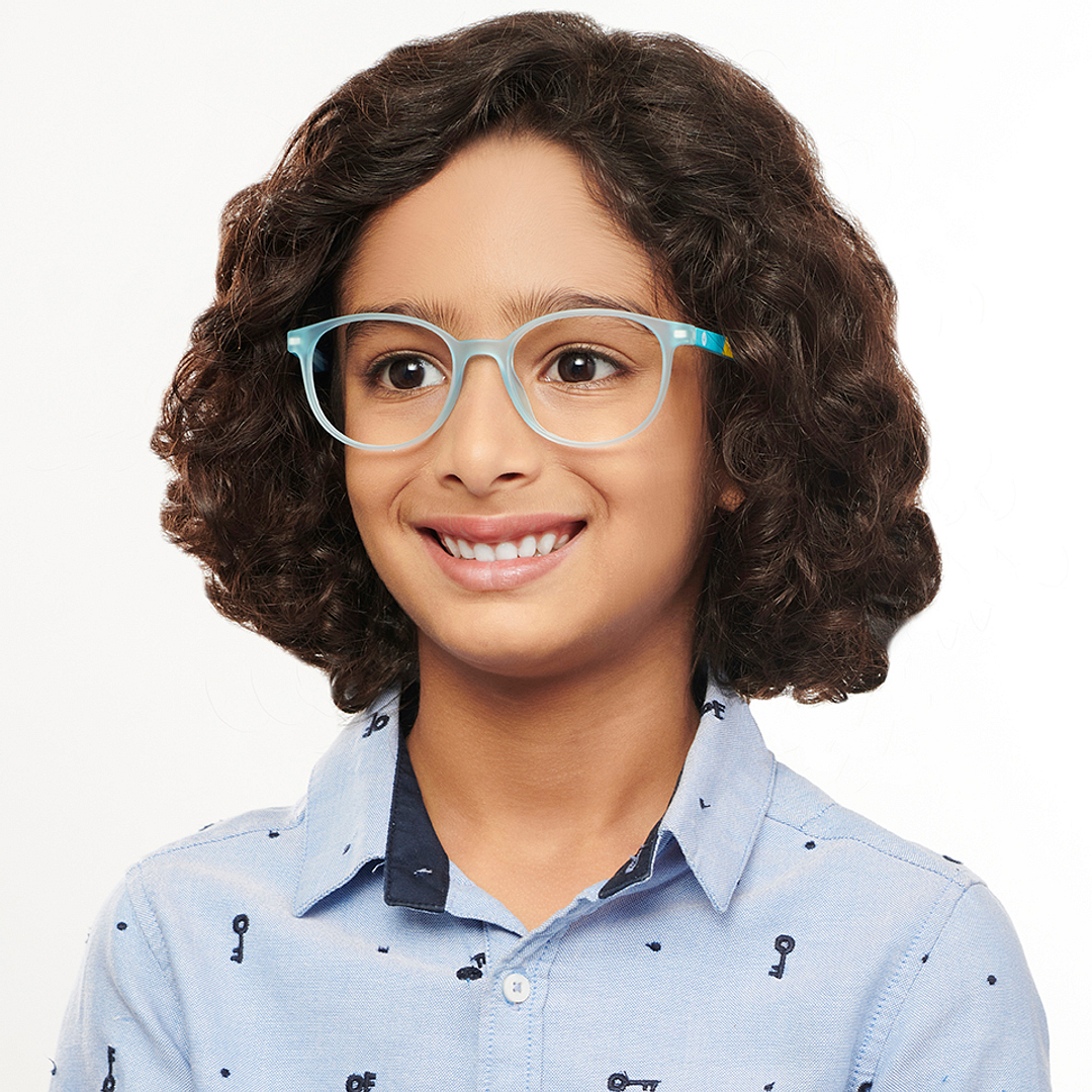 Hooper Screen Glasses Kids Glasses: Sky Blue Black Red Full Rim Round Kids 5-8 yrs Computer Glasses Digi Hooper HP D10087M-C2 left side