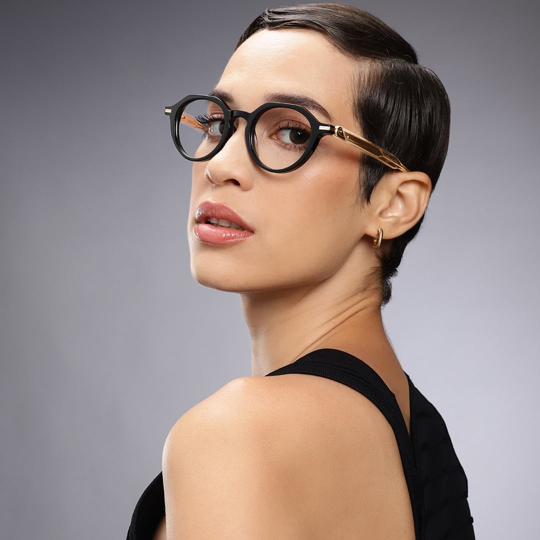 John Jacobs Screen Glasses Blue Block Phone   Computer Glasses: Gold Transparent Full Rim Round John Jacobs Computer Glasses JJ E15780-C1 left side