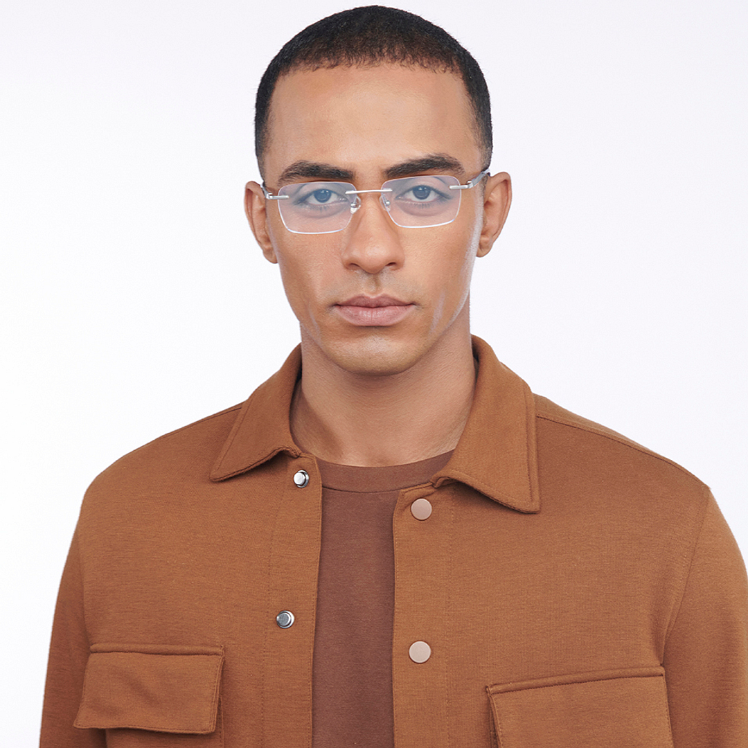 キッドジェイ Buy Silver Blue Rimless Rectangle John Jacobs Pro Titanium JJ