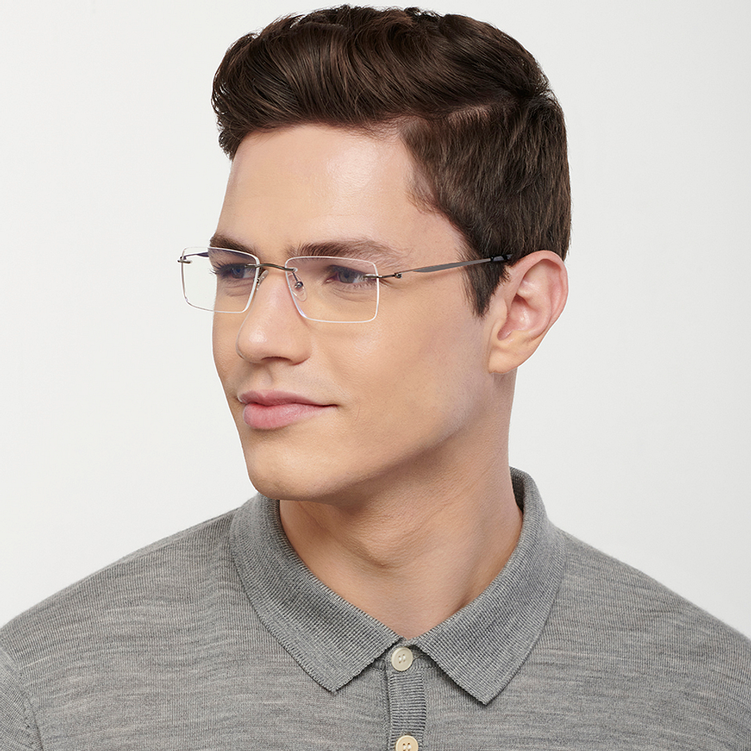 John Jacobs Online Mid Gunmetal Rimless Rectangle right side