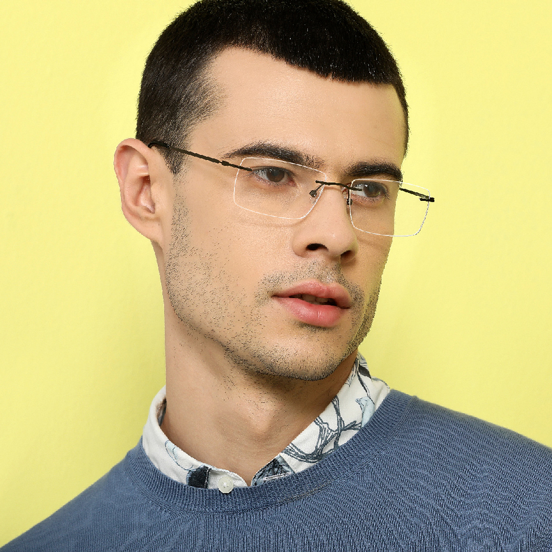 John Jacobs Dark Gunmetal Rimless Rectangle left side