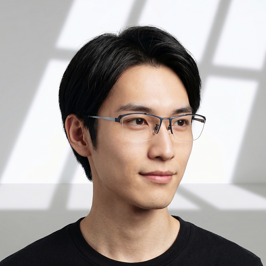K.moriyama Navy Blue Full Rim Rectangle left side