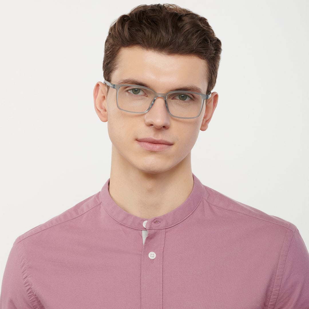 Lenskart BLU Screen Glasses Blue Block Zero Power Screen Glasses : Gray Transparent Navy Blue Full Rim Rectangle Lenskart Blu LB E13737-C3 left side