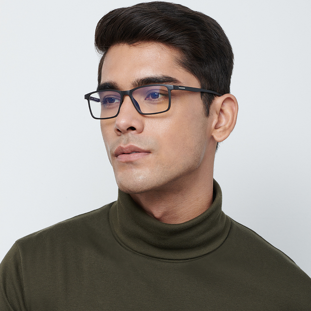 Lenskart BLU Screen Glasses Blue Block Zero Power Screen Glasses : Matte Black Full Rim Rectangle Lenskart BLU LB E13738-C1 left side