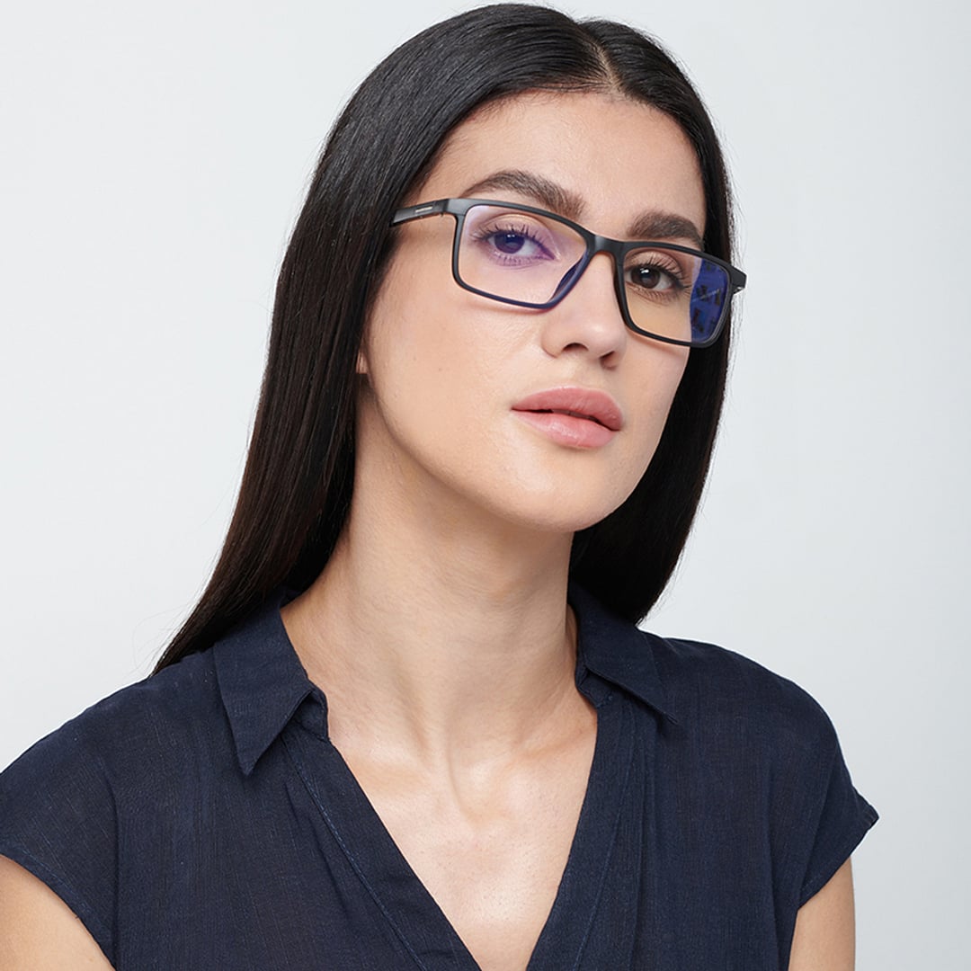 Lenskart BLU Screen Glasses Blue Block Zero Power Screen Glasses : Matte Black Full Rim Rectangle Lenskart BLU LB E13738-C1 left side