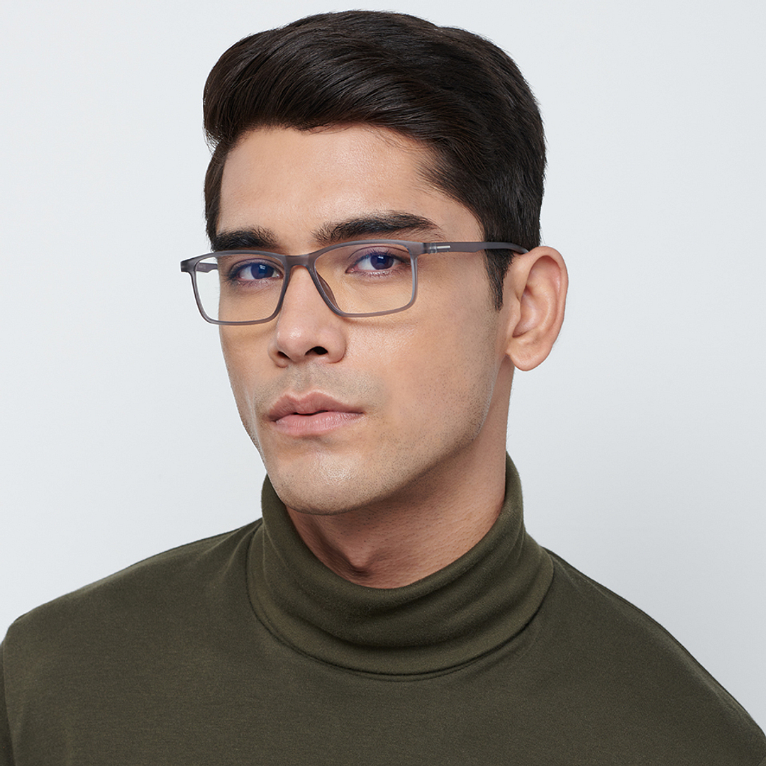 Lenskart BLU Screen Glasses Blue Block Zero Power Screen Glasses : Matte Grey Transparent Full Rim Rectangle Lenskart Blu LB E13738-C2 left side
