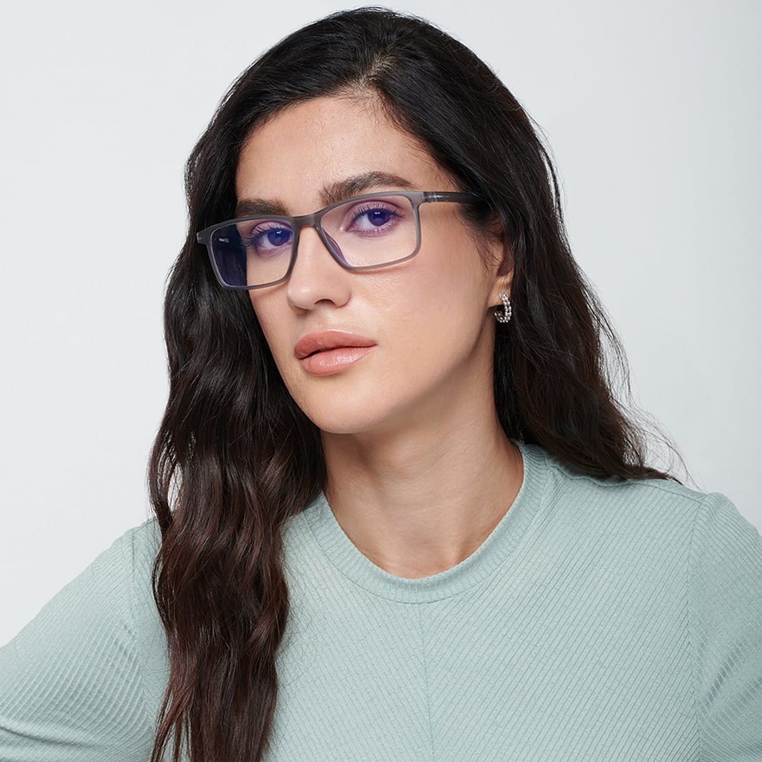 Lenskart BLU Screen Glasses Blue Block Zero Power Screen Glasses : Matte Grey Transparent Full Rim Rectangle Lenskart Blu LB E13738-C2 left side