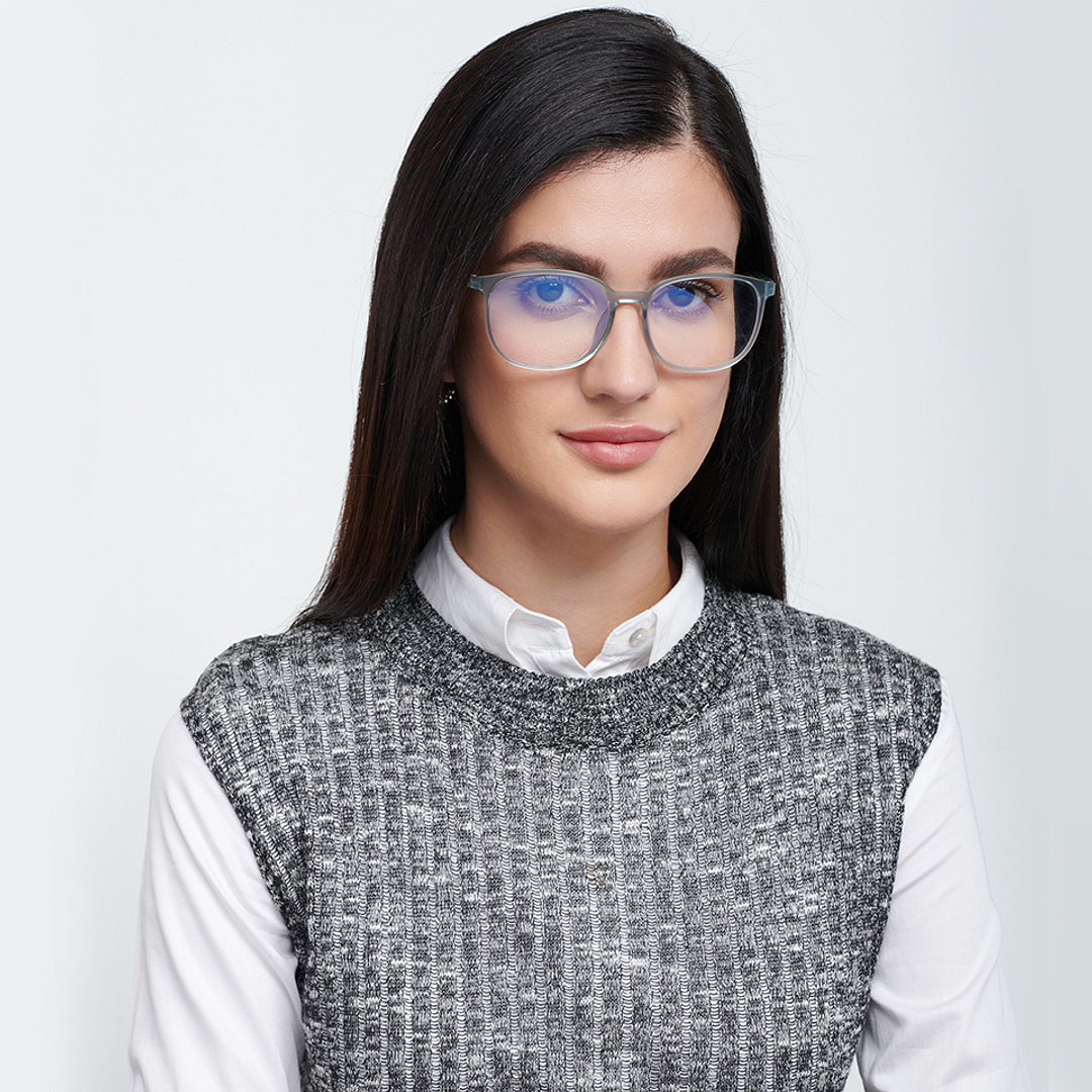 Lenskart BLU Screen Glasses Blue Block Zero Power Screen Glasses : Grey Transparent Full Rim Square Lenskart BLU LB E13739-C2 left side