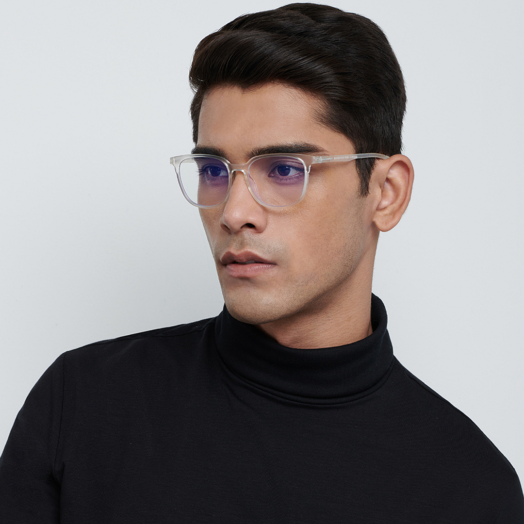 Lenskart BLU Screen Glasses Blue Block Zero Power Screen Glasses : Matte Transparent Full Rim Square Lenskart Blu LB E13740-C2 left side