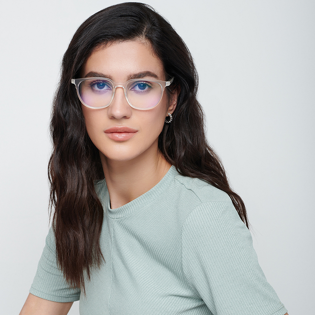 Lenskart BLU Screen Glasses Blue Block Zero Power Screen Glasses : Matte Transparent Full Rim Square Lenskart Blu LB E13740-C2 left side