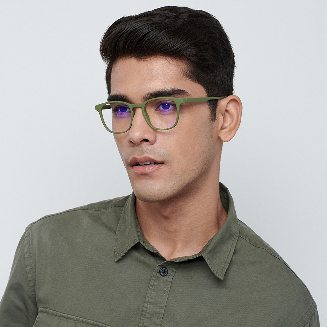 Lenskart BLU Screen Glasses Blue Block Zero Power Screen Glasses: Olive Green Full Rim Square Lenskart Blu LB E14058-C4 right side