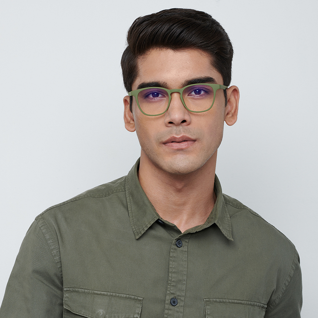 Lenskart BLU Screen Glasses Blue Block Zero Power Screen Glasses: Olive Green Full Rim Square Lenskart Blu LB E14058-C4 left side