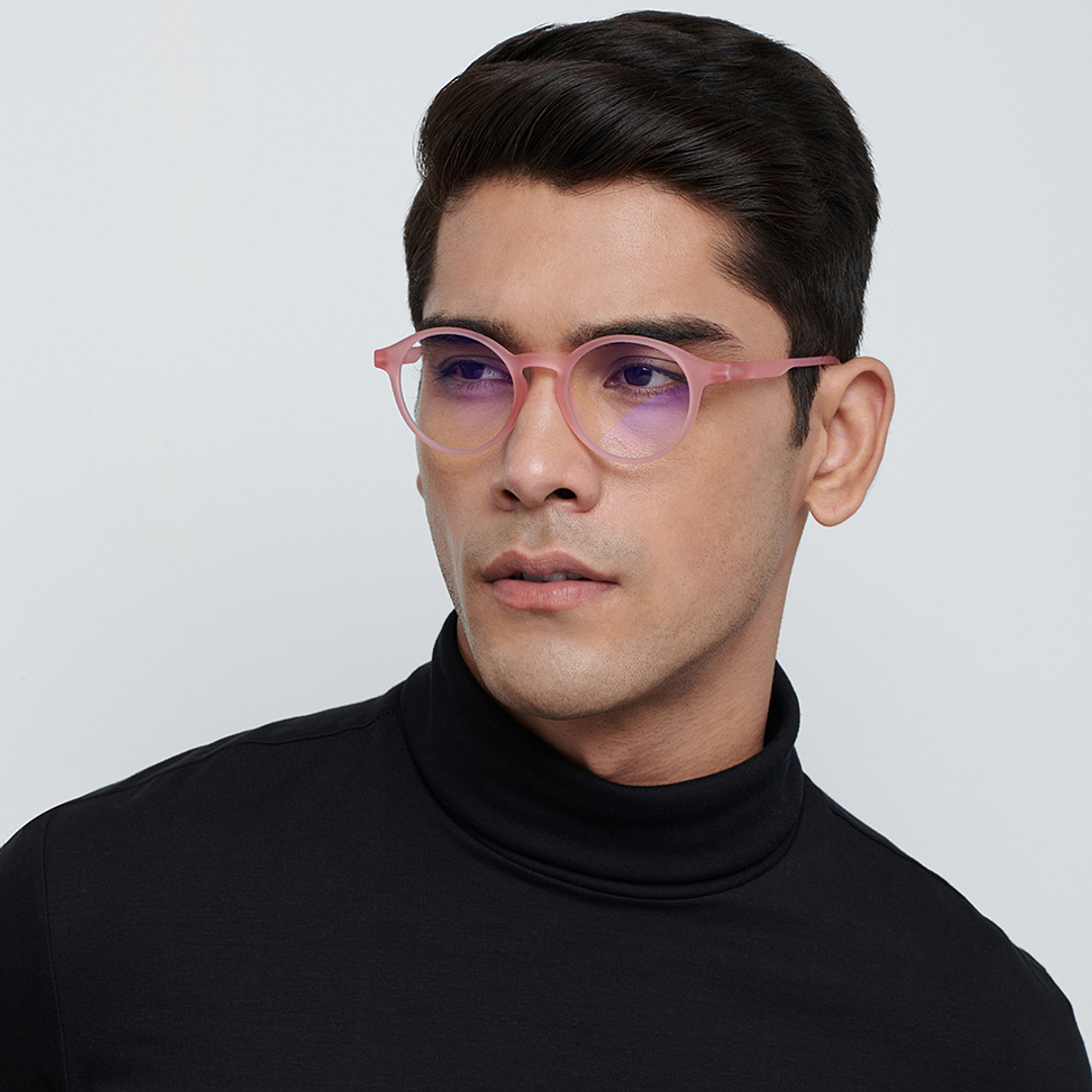 Lenskart BLU Screen Glasses Blue Block Zero Power Screen Glasses: Pink Transparent Full Rim Round Lenskart Blu LB E14059-C4 left side