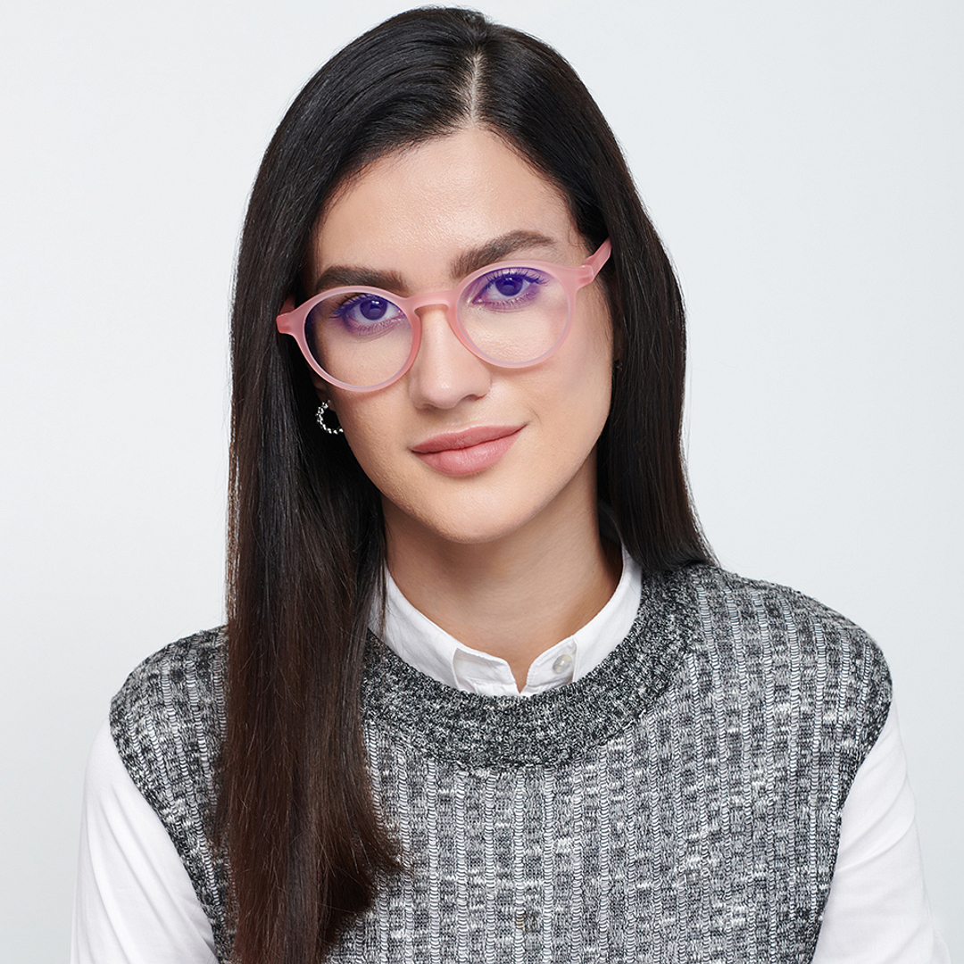 Lenskart BLU Screen Glasses Blue Block Zero Power Screen Glasses: Pink Transparent Full Rim Round Lenskart Blu LB E14059-C4 left side