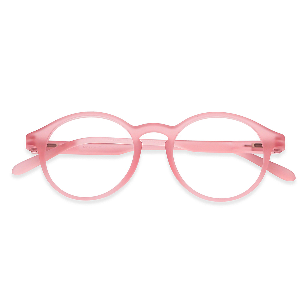 Lenskart BLU Screen Glasses Blue Block Zero Power Screen Glasses: Pink Transparent Full Rim Round Lenskart Blu LB E14059-C4 left side