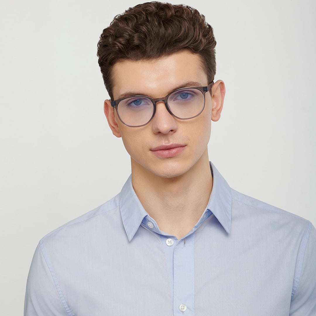 Lenskart BLU Screen Glasses Blue Block Zero Power Screen Glasses : Grey Transparent Grey Full Rim Round Lenskart Blu LB E14061-C3 left side