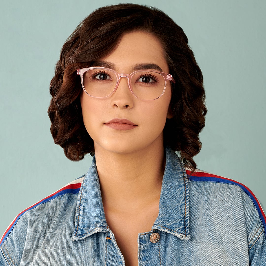 Lenskart BLU Screen Glasses Blue Block Zero Power Screen Glasses : Pink Transparent Pink Full Rim Round Lenskart Blu LB E14061-C2 left side