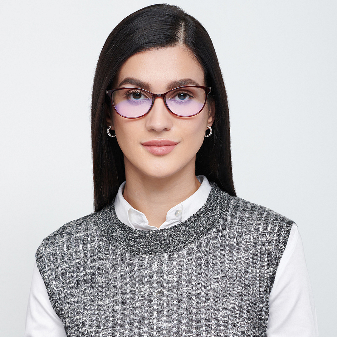 Lenskart BLU Screen Glasses Blue Block Zero Power Screen Glasses: Maroon Transparent Full Rim Cat Eye Lenskart BLU LB E14069-C3 left side