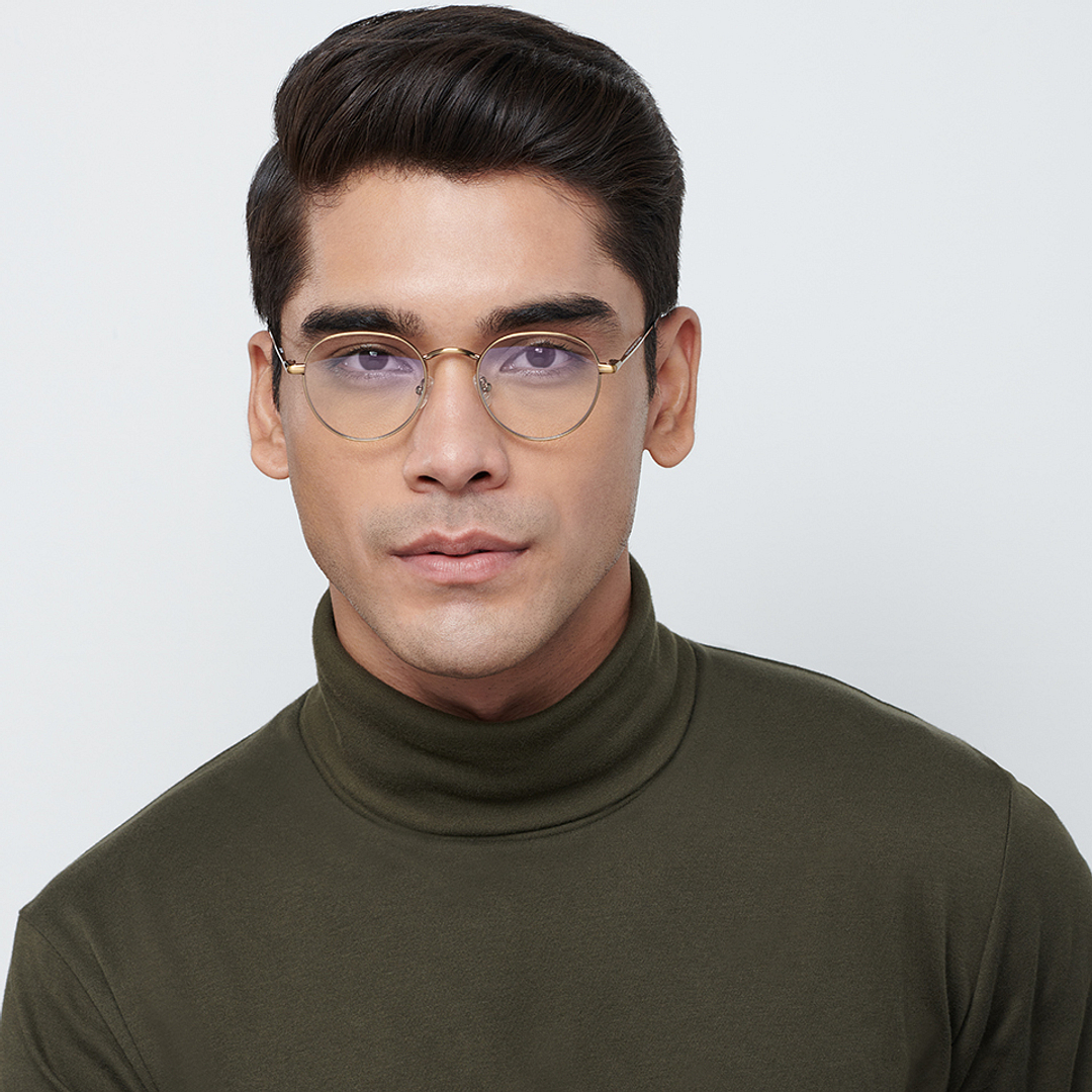 Lenskart BLU Screen Glasses Blue Block Zero Power Screen Glasses : Gold Black Full Rim Round Lenskart BLU LB E14131-C2 left side