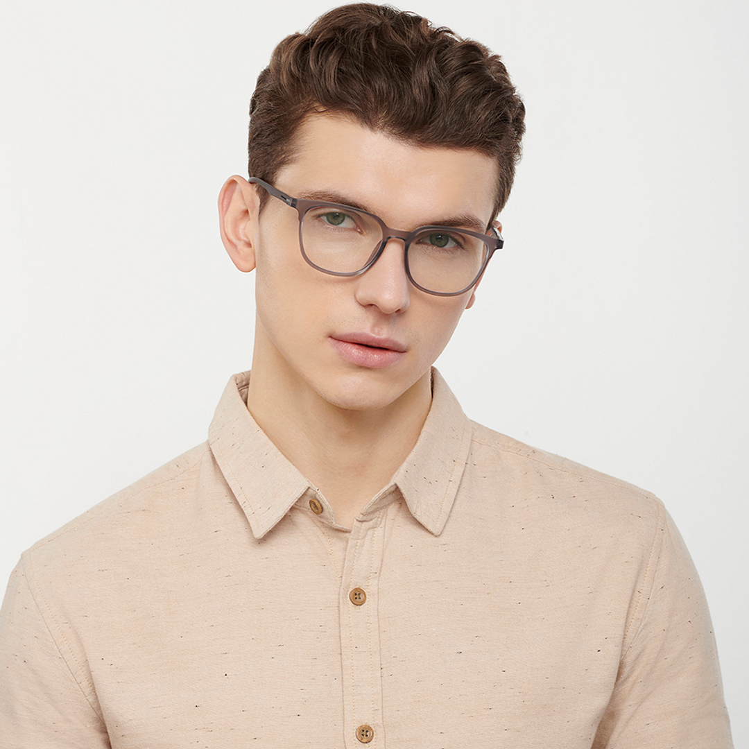 Lenskart BLU Screen Glasses Blue Block Zero Power Screen Glasses: Grey Transparent Full Rim Round Lenskart BLU LB E14244-C1 left side