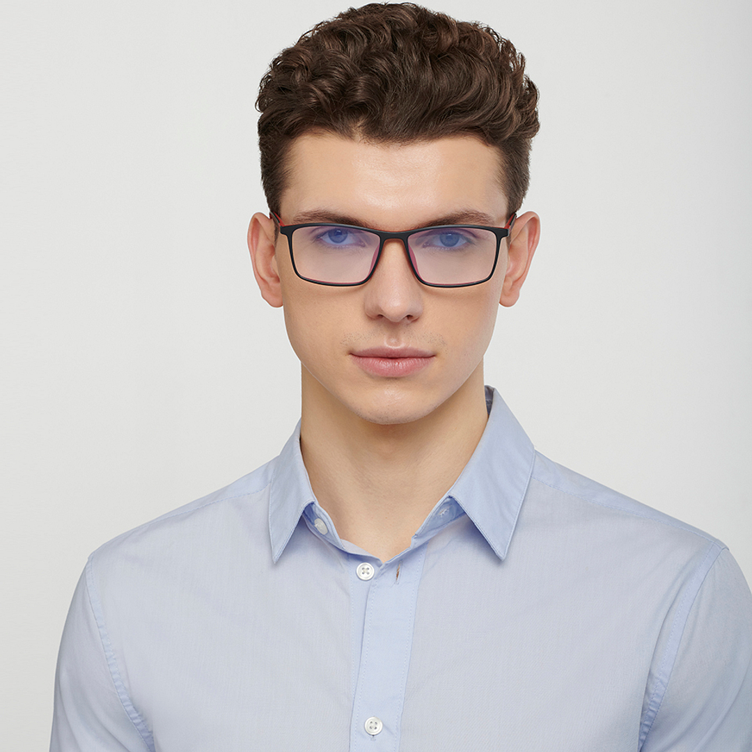 Lenskart BLU Screen Glasses Blue Block Zero Power Screen Glasses : Matte Black Red Full Rim Rectangle Lenskart Blu LB E14255-C2 left side