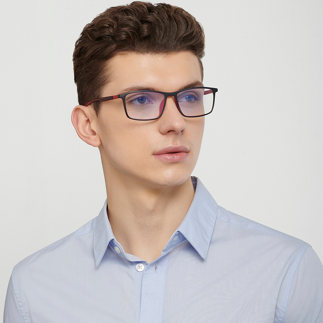 Lenskart BLU Screen Glasses Blue Block Zero Power Screen Glasses : Matte Black Red Full Rim Rectangle Lenskart Blu LB E14255-C2 right side