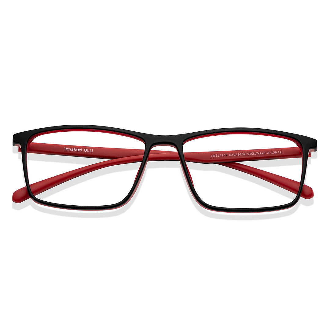 Lenskart BLU Screen Glasses Blue Block Zero Power Screen Glasses : Matte Black Red Full Rim Rectangle Lenskart Blu LB E14255-C2 left side