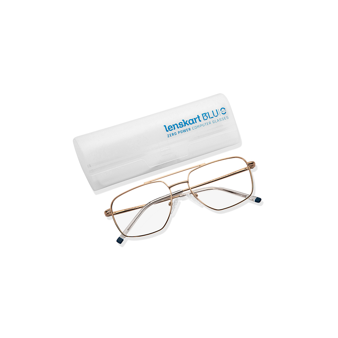 Lenskart BLU Screen Glasses Blue Block Zero Power Screen Glasses: Gold Transparent Full Rim Aviator Lenskart Blu LB E14485-C2 left side