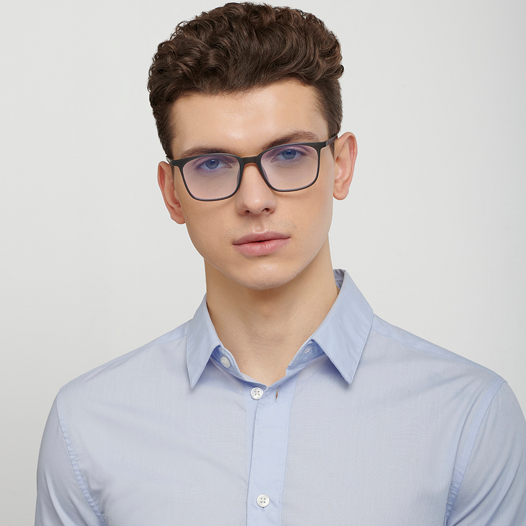 Lenskart BLU Screen Glasses Blue Block Zero Power Screen Glasses : Matte Grey Full Rim Square Lenskart Blu LB E13526-C3 left side