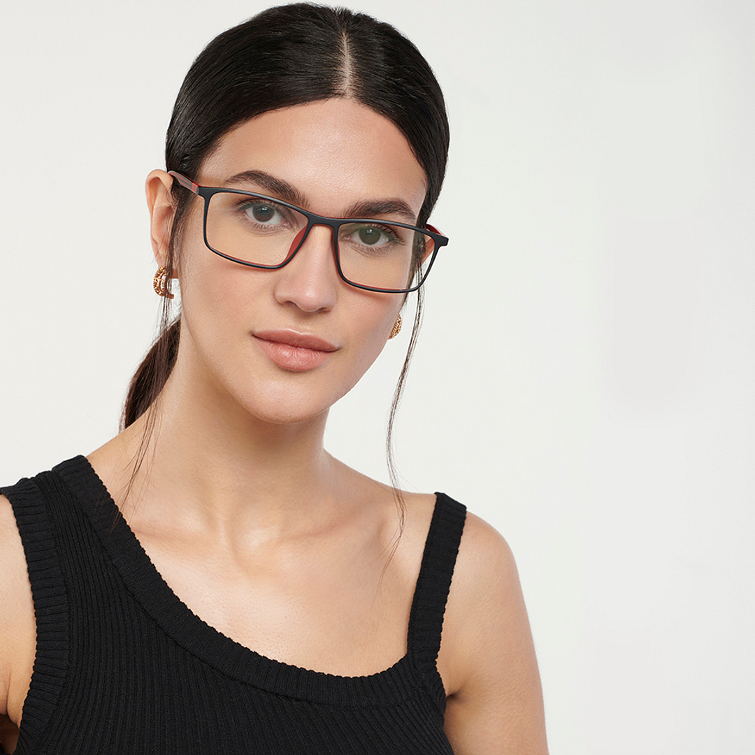 Lenskart BLU Screen Glasses Blue Block Zero Power Screen Glasses : Matte Black Red Full Rim Rectangle Lenskart Blu LB E14255-C2 left side