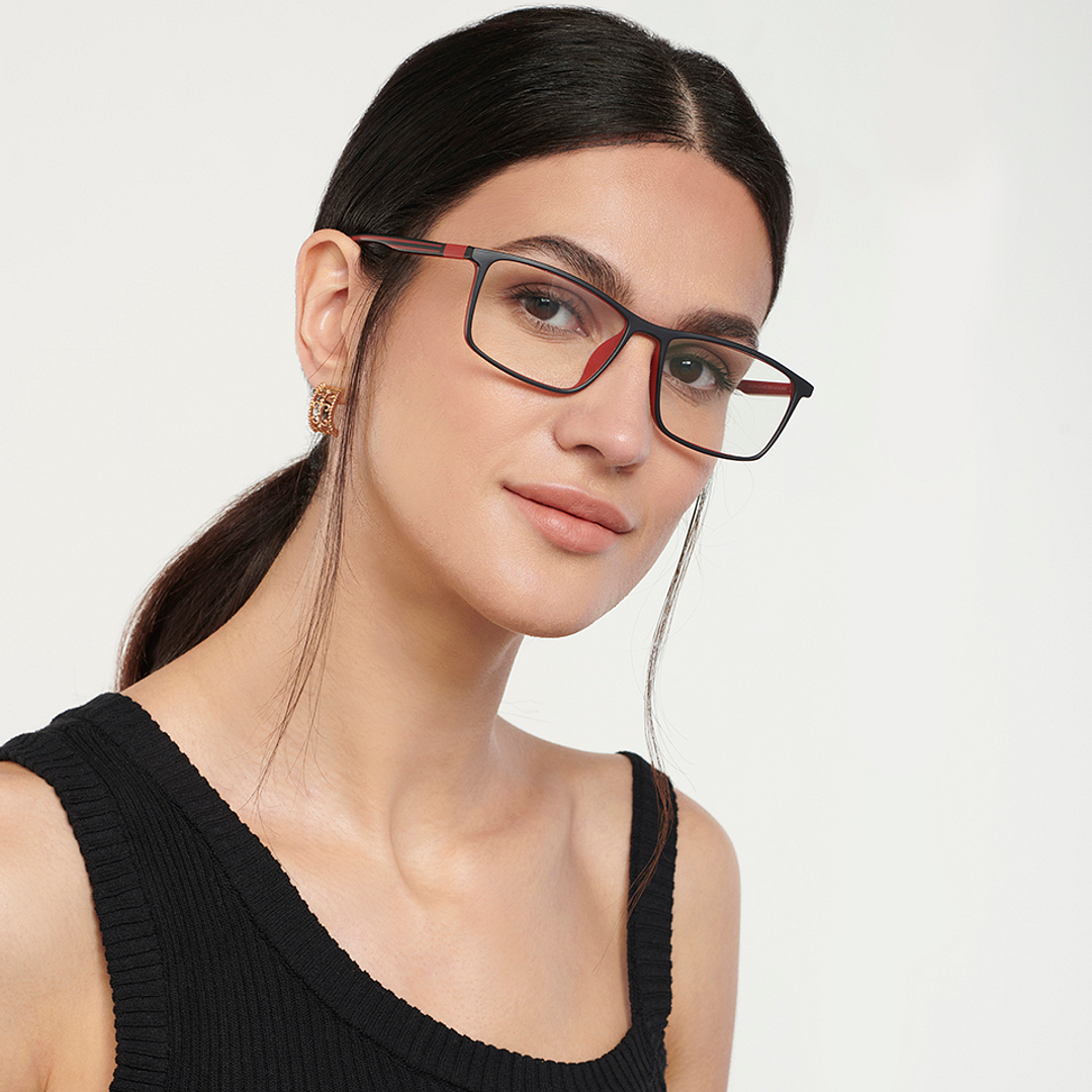 Lenskart BLU Screen Glasses Blue Block Zero Power Screen Glasses : Matte Black Red Full Rim Rectangle Lenskart Blu LB E14255-C2 right side