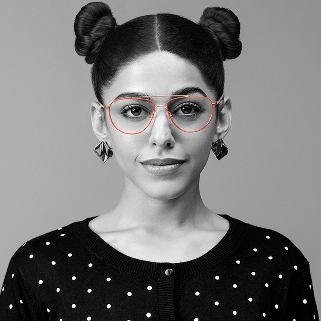 Lenskart BLU Screen Glasses Blue Block Zero Power Screen Glasses : Gold Red Full Rim Aviator Lenskart Blu LB E14521-C3 left side