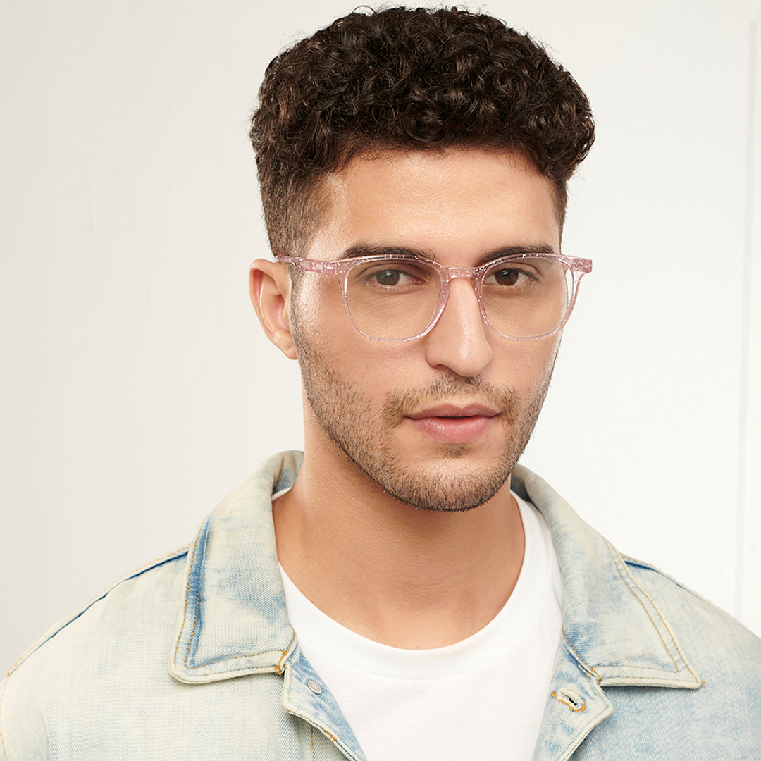 Lenskart BLU Screen Glasses Blue Block Zero Power Screen Glasses: Pink Transparent Pink Full Rim Square Lenskart Blu Glasses LB E14058-C10 left side