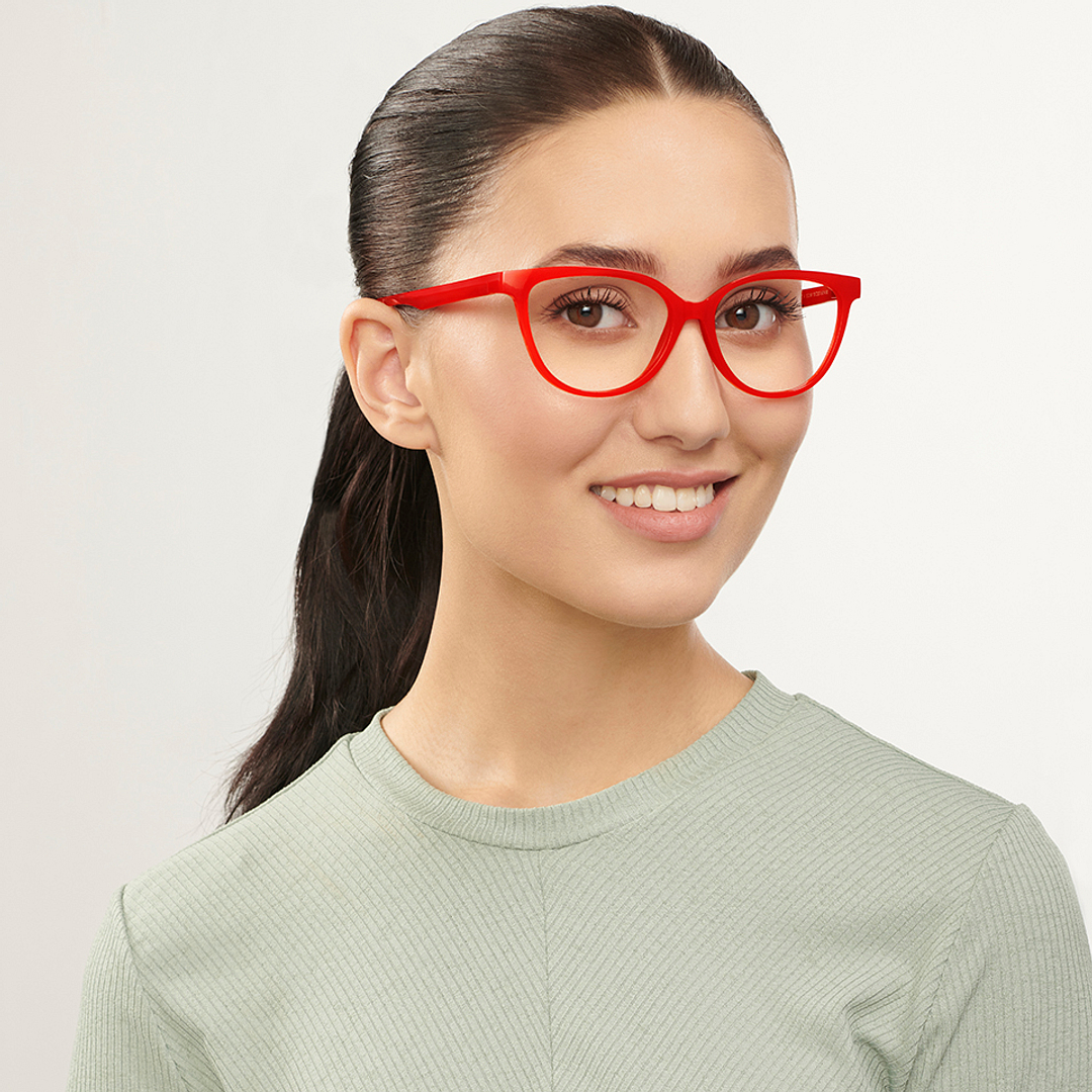 Lenskart BLU Screen Glasses Blue Block Zero Power Screen Glasses : Red Full Rim Cat Eye Lenskart Blu LB E14452-C4 right side