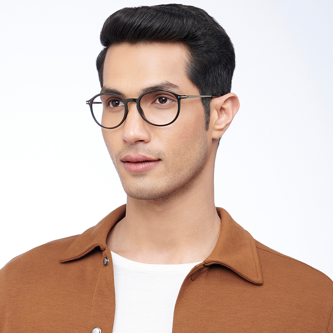 Lenskart BLU Screen Glasses Blue Block Zero Power Screen Glasses : Black Silver Black Full Rim Round Lenskart Blu LB E14787-C3 left side