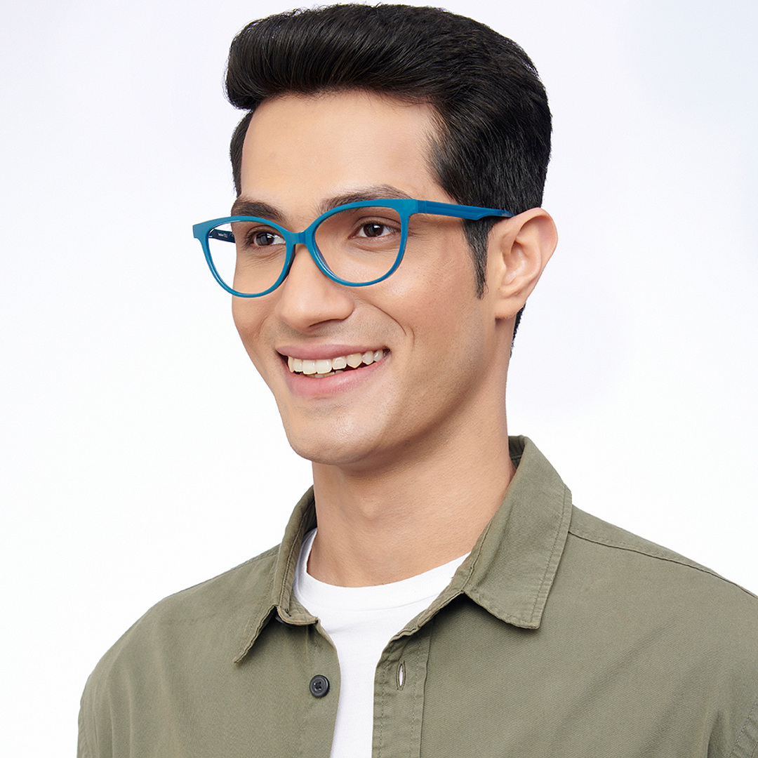 Lenskart BLU Screen Glasses Blue Block Zero Power Screen Glasses : Turquoise Navy Blue Full Rim Cat Eye Lenskart Blu LB E14452-C6 left side