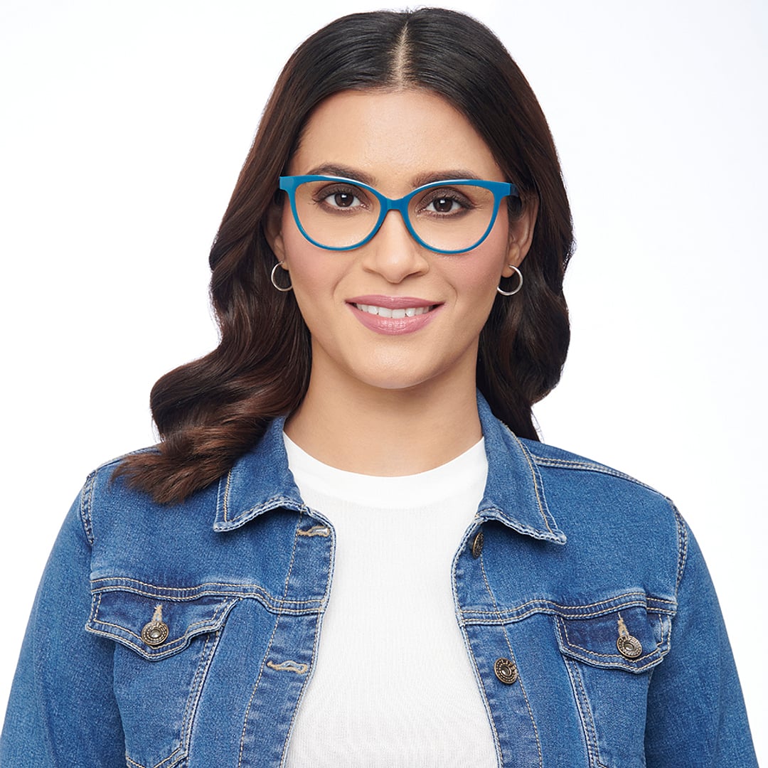 Lenskart BLU Screen Glasses Blue Block Zero Power Screen Glasses : Turquoise Navy Blue Full Rim Cat Eye Lenskart Blu LB E14452-C6 right side