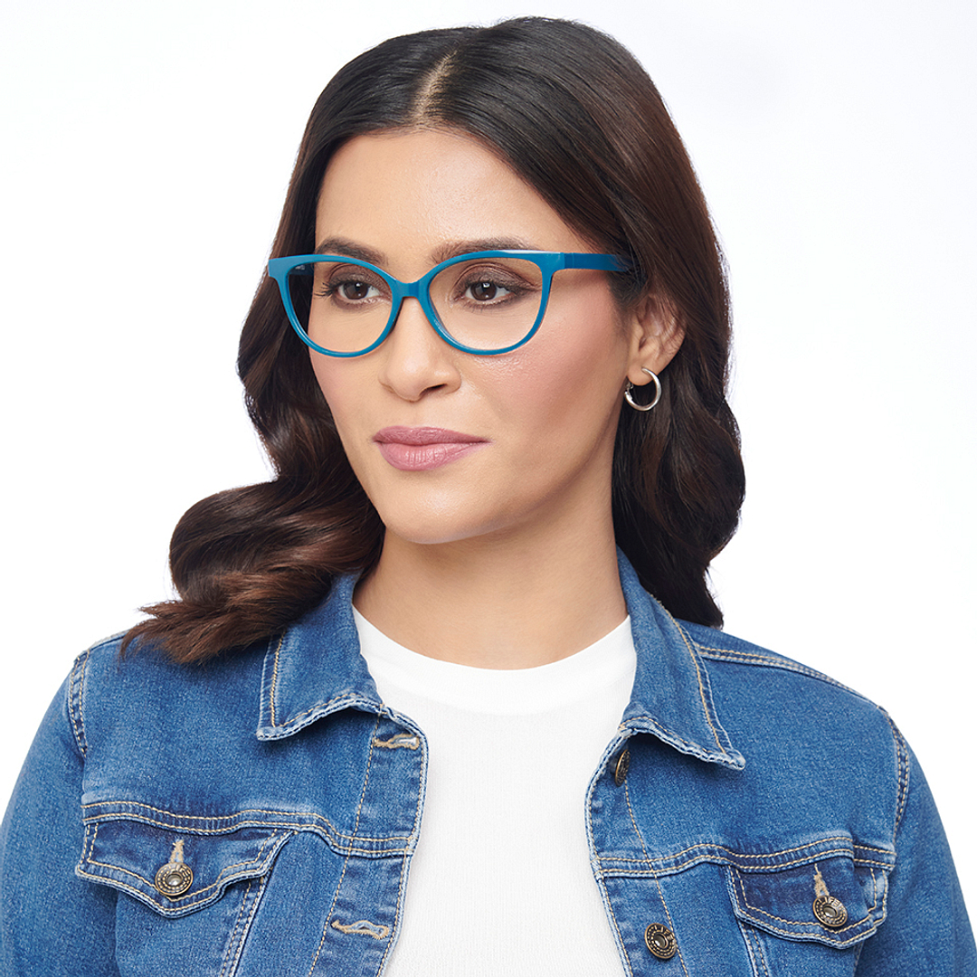 Lenskart BLU Screen Glasses Blue Block Zero Power Screen Glasses : Turquoise Navy Blue Full Rim Cat Eye Lenskart Blu LB E14452-C6 left side