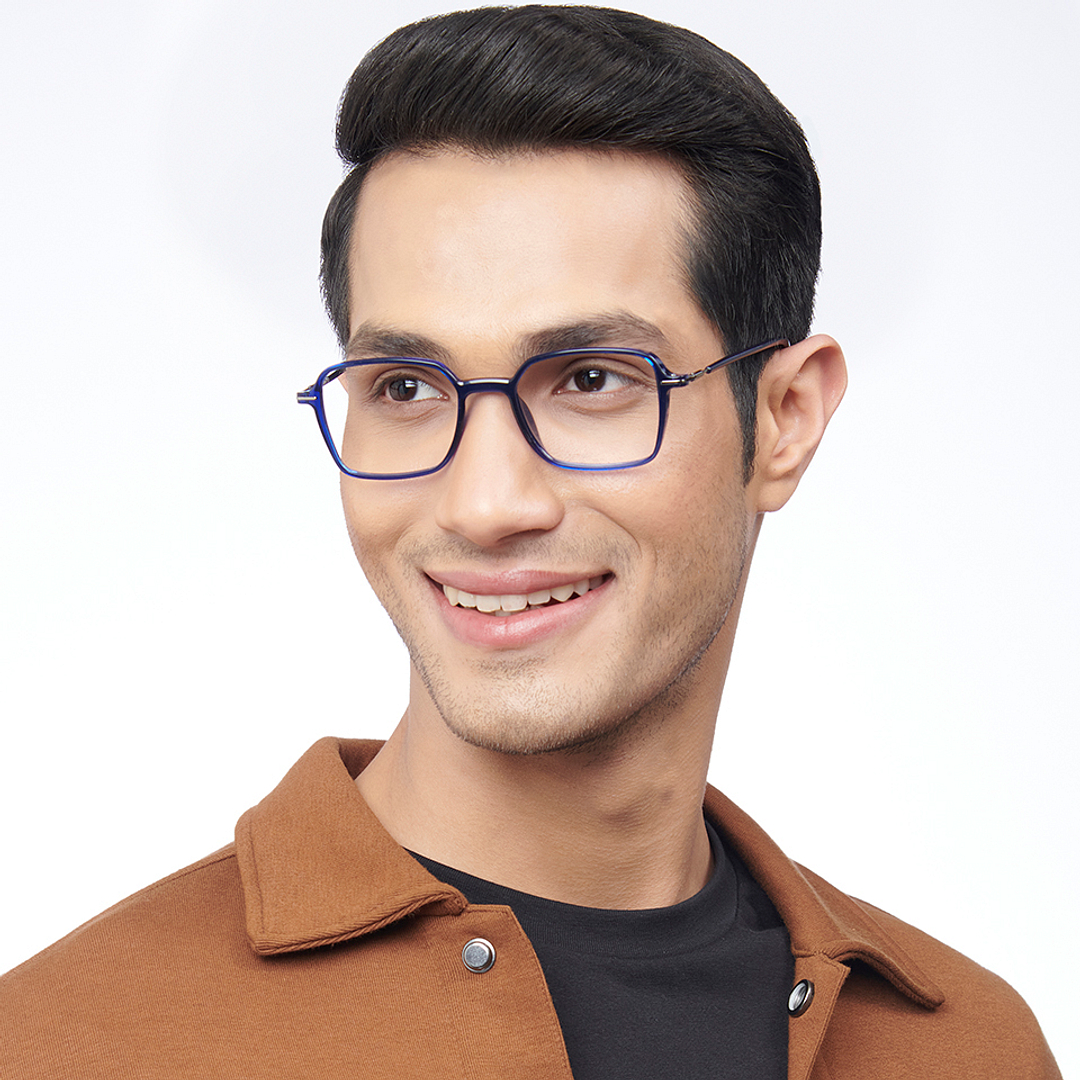 Lenskart BLU Screen Glasses Blue Block Zero Power Screen Glasses : Navy Blue Silver Full Rim Square Lenskart Blu BLU-C2 left side