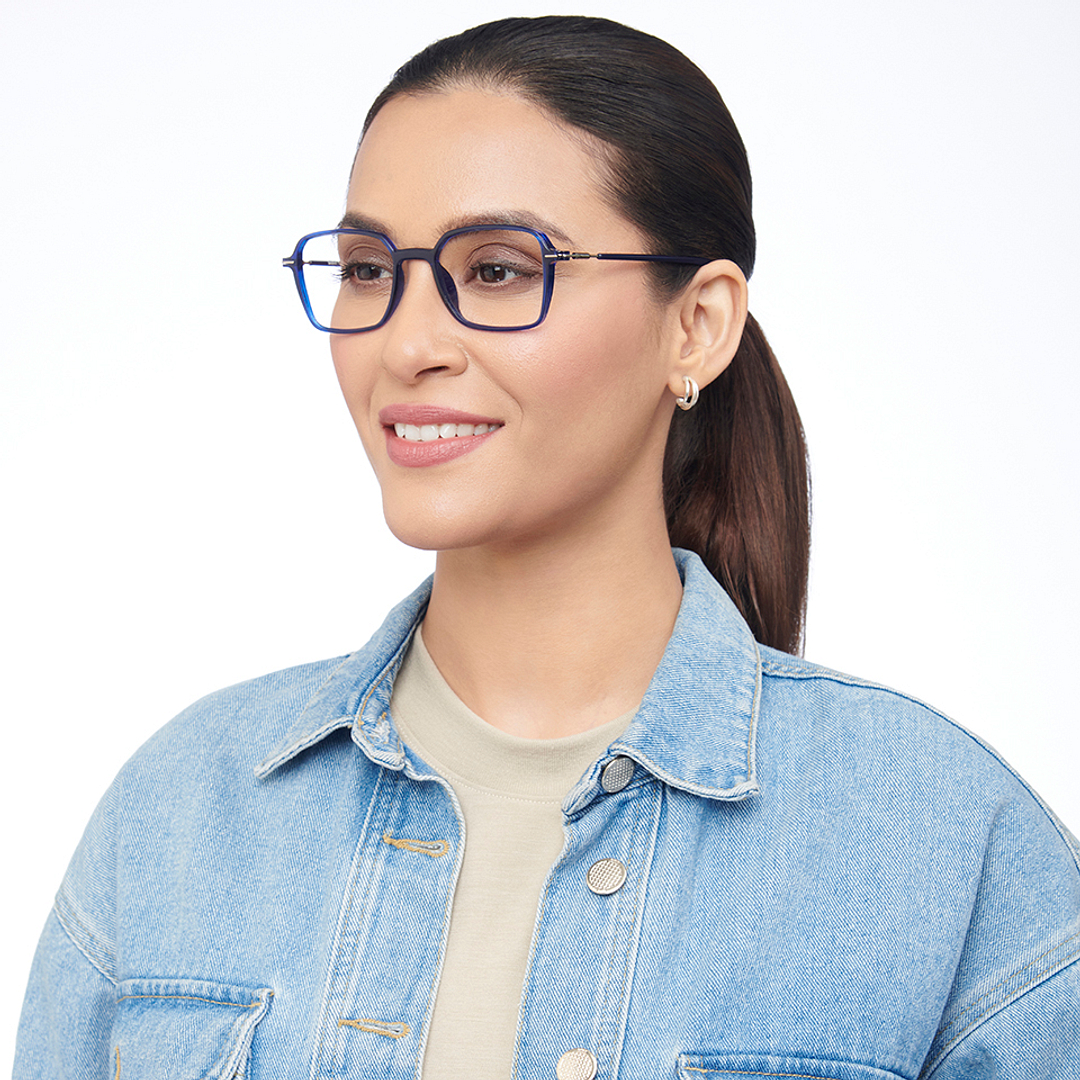 Lenskart BLU Screen Glasses Blue Block Zero Power Screen Glasses : Navy Blue Silver Full Rim Square Lenskart Blu BLU-C2 left side