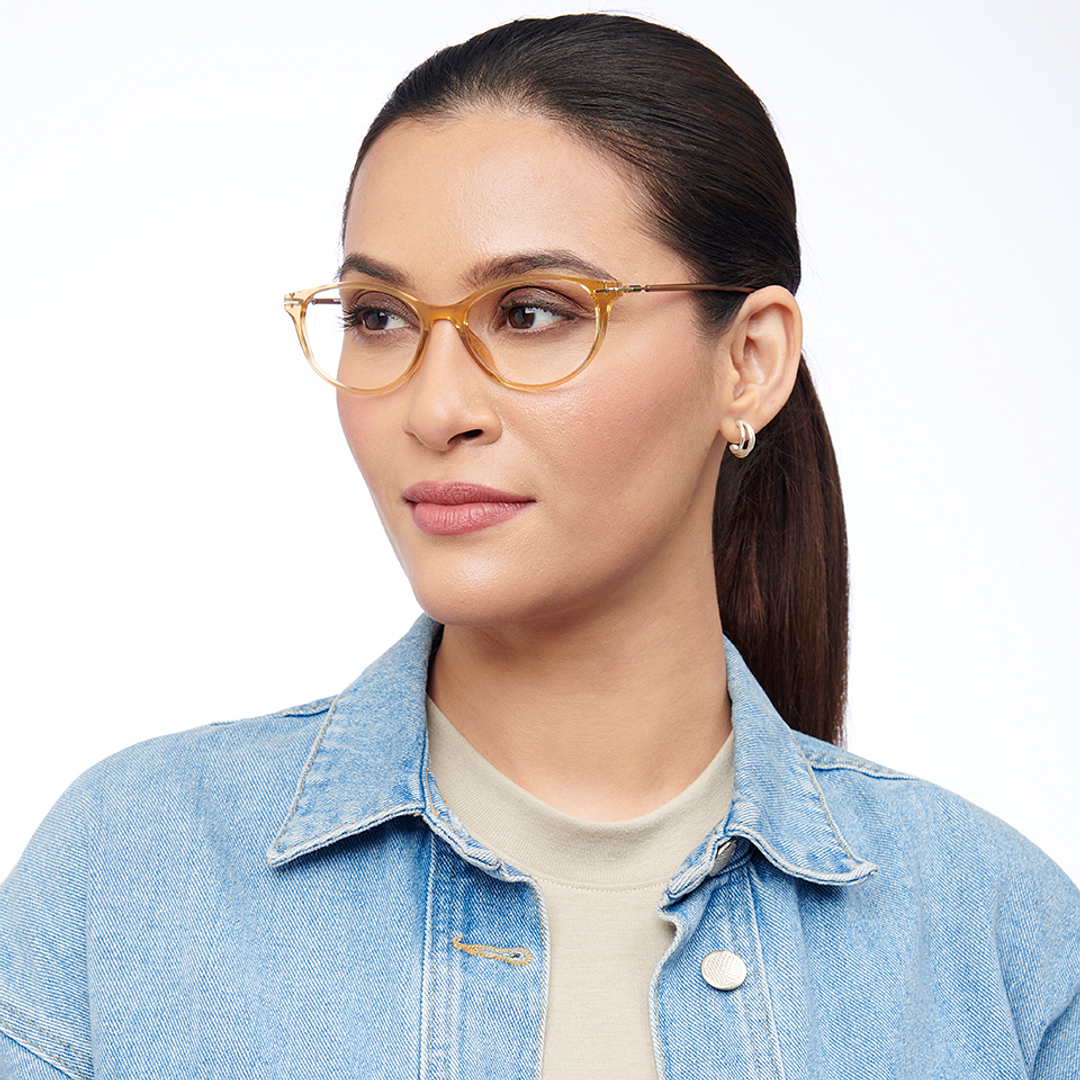 Lenskart BLU Screen Glasses Blue Block Zero Power Screen Glasses: Brown Transparent Full Rim Cat Eye Lenskart Blu LB E14791-C2 left side