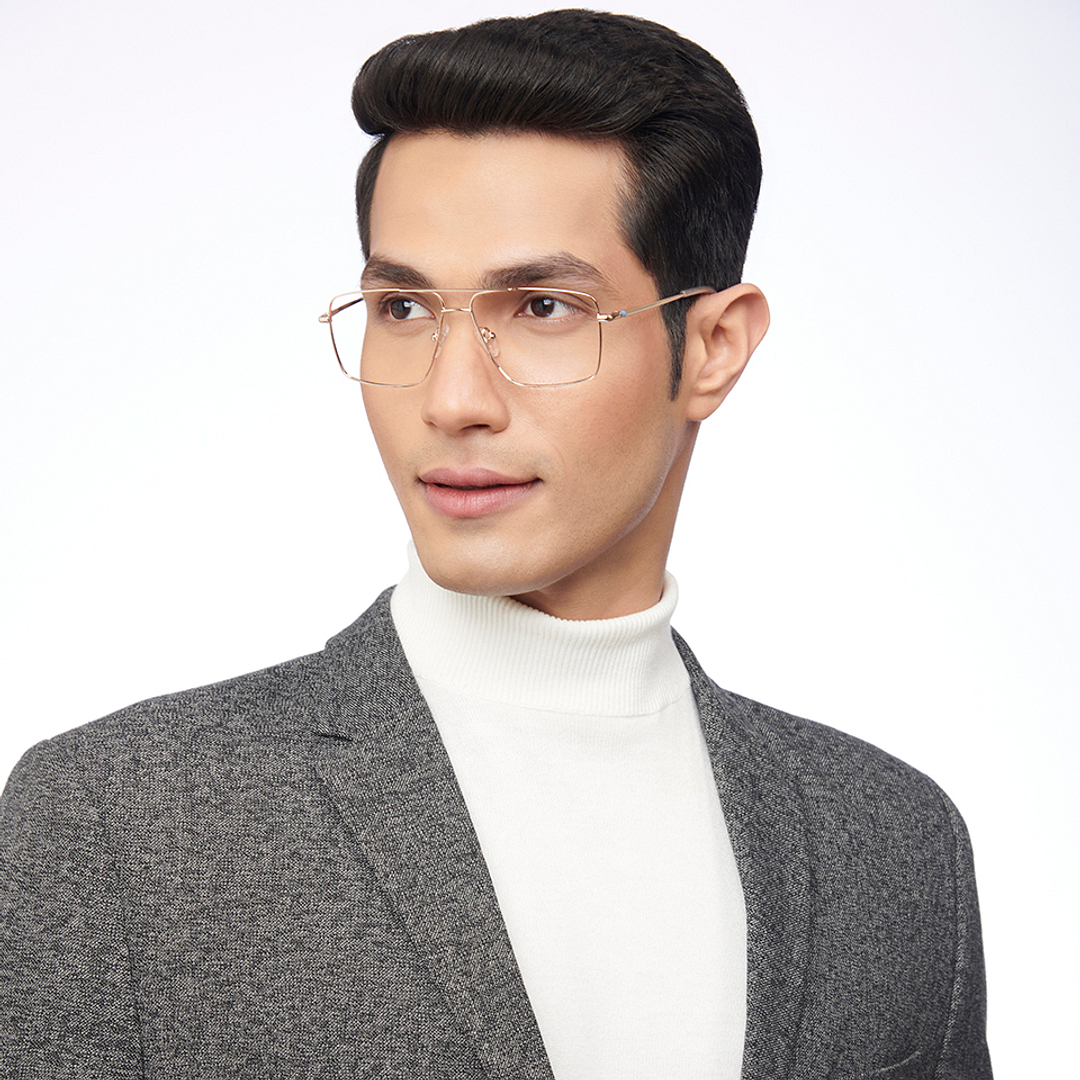 Lenskart BLU Screen Glasses Blue Block Zero Power Screen Glasses: Gold Transparent Full Rim Aviator Lenskart Blu LB E14484-C1 left side