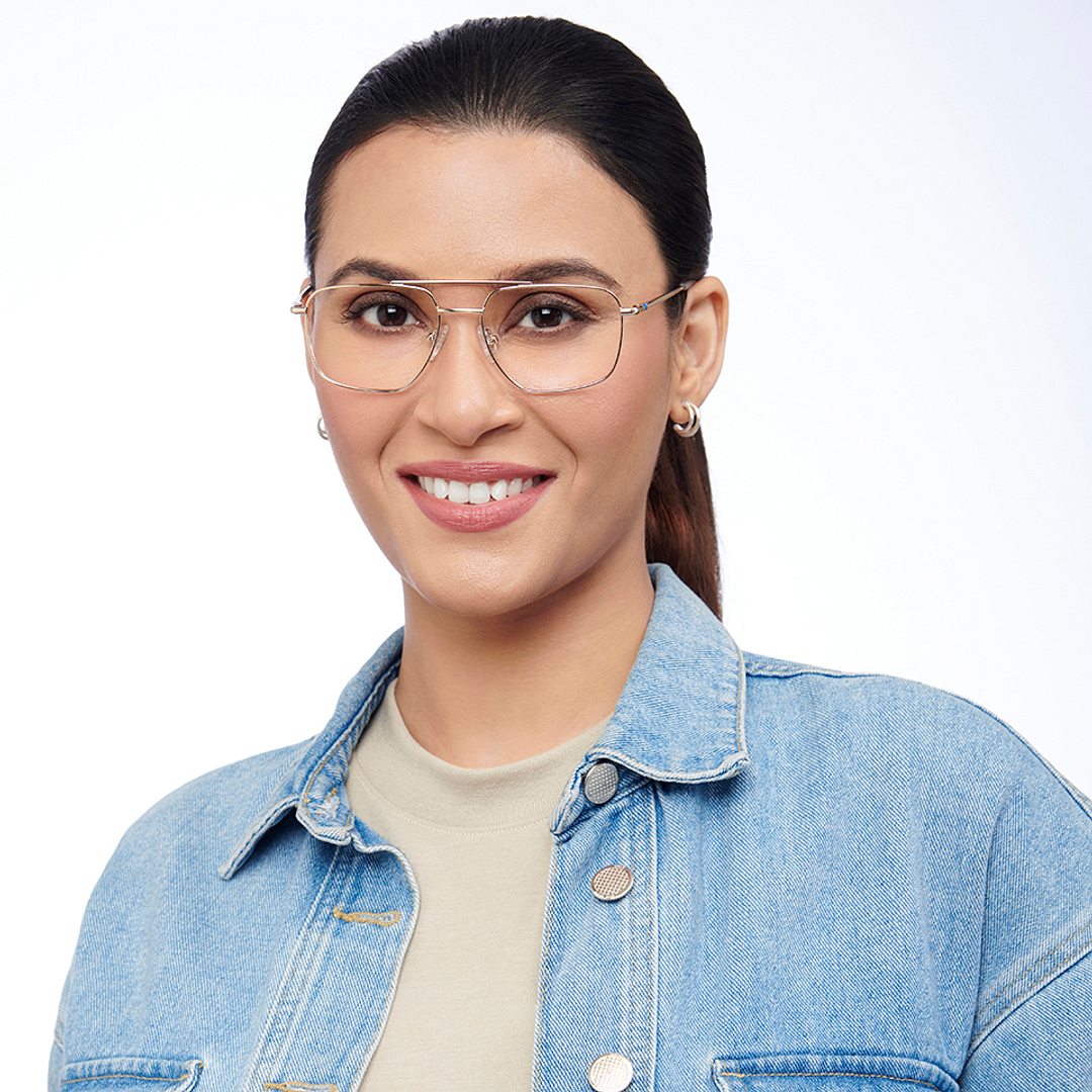 Lenskart BLU Screen Glasses Blue Block Zero Power Screen Glasses: Gold Transparent Full Rim Aviator Lenskart Blu LB E14485-C2 right side