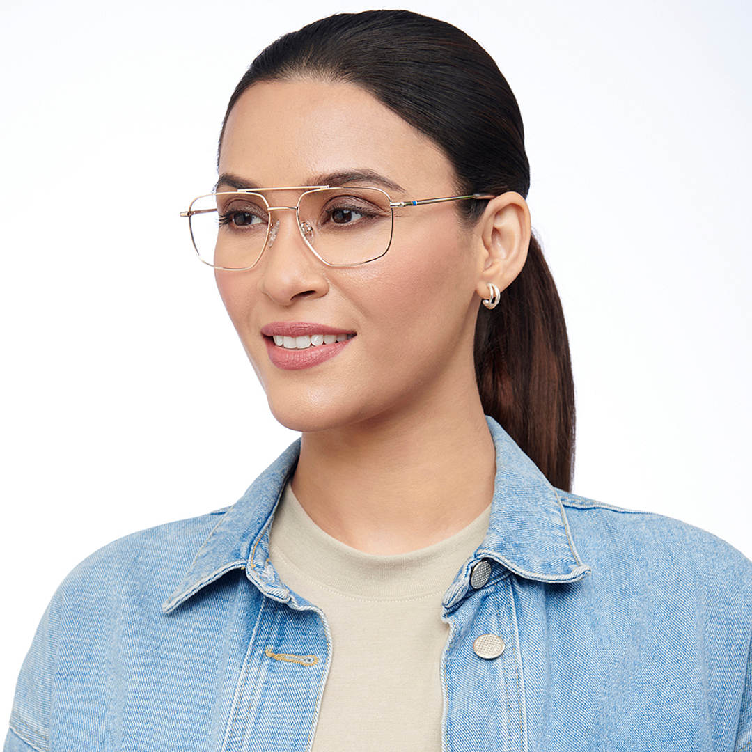 Lenskart BLU Screen Glasses Blue Block Zero Power Screen Glasses: Gold Transparent Full Rim Aviator Lenskart Blu LB E14485-C2 left side